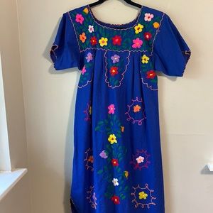 Blue Mexican Embroidered Floral Dress Medium/Large